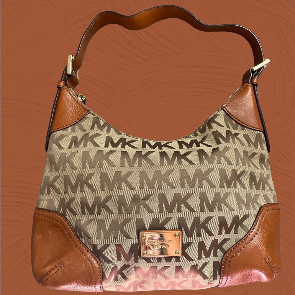 Michael Kors Tan and Beige MK Logo Shoulder Bag